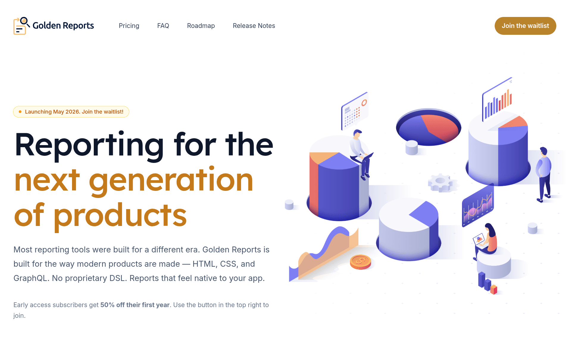Golden Reports landing page with waitlist signup at goldenreports.dev